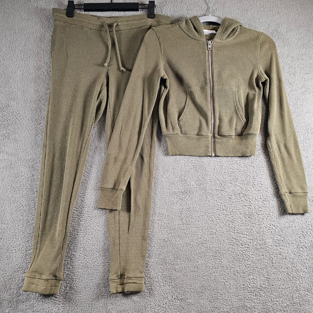 TNA Aritzia Waffle Knit Hoodie Pants SET Olive Green XXS XS